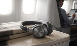 Over-ear noise-cancelling headphones for flights resting on an airplane tray table near a window seat