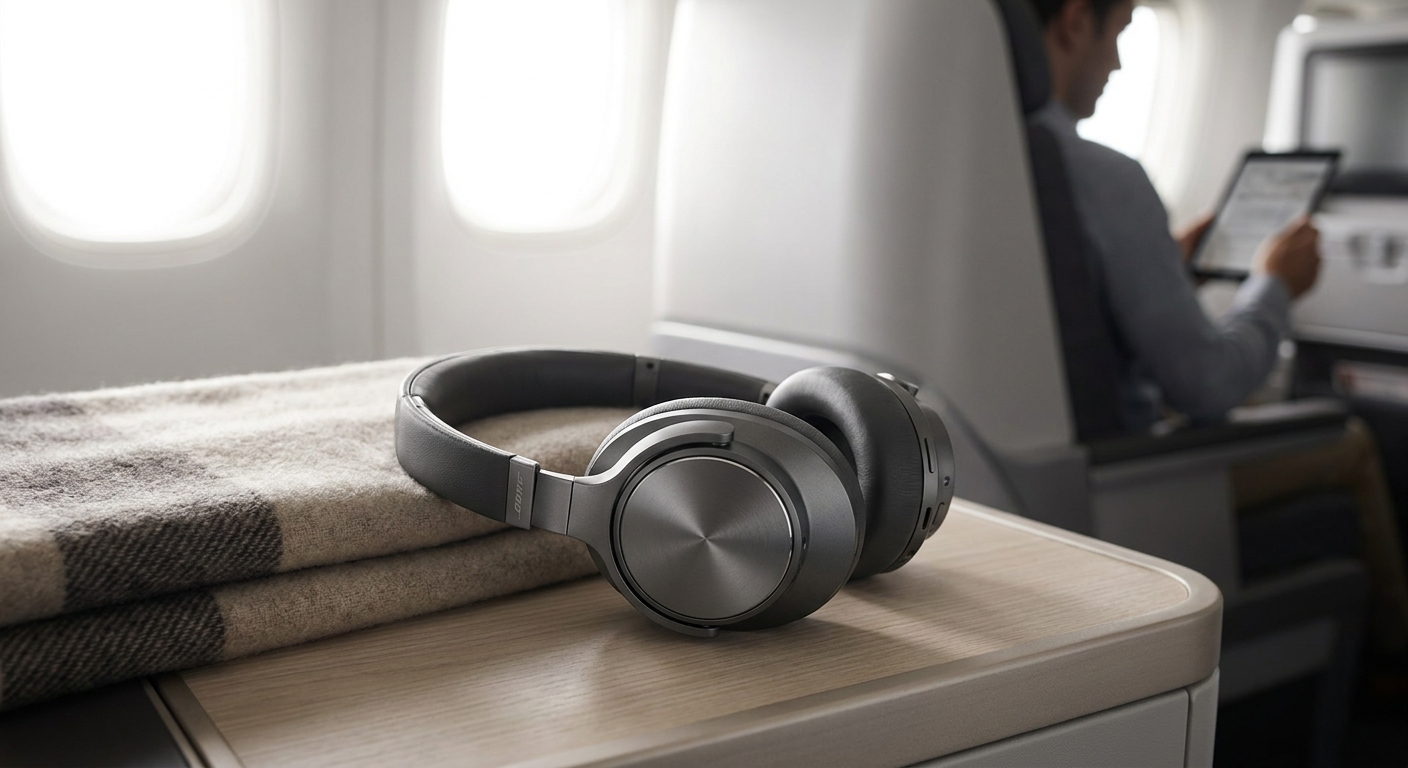 Over-ear noise-cancelling headphones for flights resting on an airplane tray table near a window seat