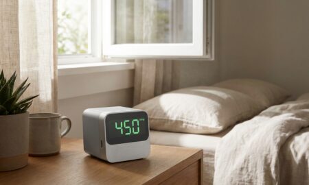 One of the best portable CO2 monitors displaying ppm readings on a nightstand