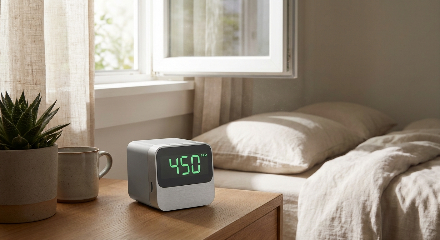 One of the best portable CO2 monitors displaying ppm readings on a nightstand