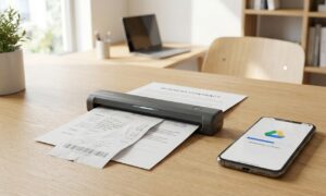A compact handheld device representing one of the best portable document scanners scanning a paper receipt on a desk