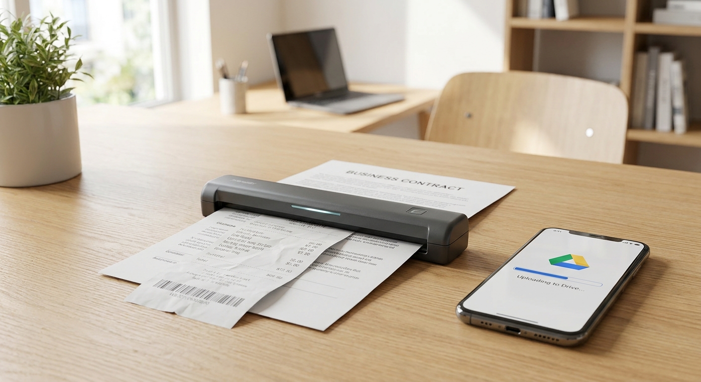 A compact handheld device representing one of the best portable document scanners scanning a paper receipt on a desk