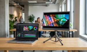A portable monitor for color grading connected to a laptop showing a video editing timeline