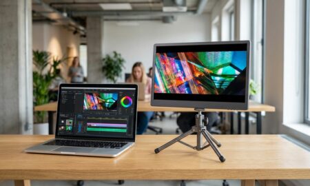 A portable monitor for color grading connected to a laptop showing a video editing timeline