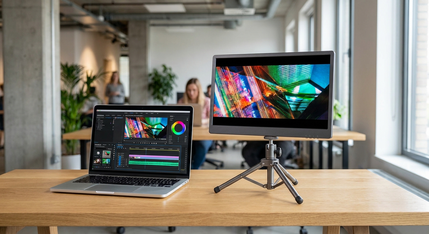 A portable monitor for color grading connected to a laptop showing a video editing timeline