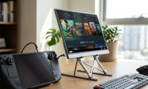 A portable monitor for handheld gaming connected to a Steam Deck via USB-C on a desk setup
