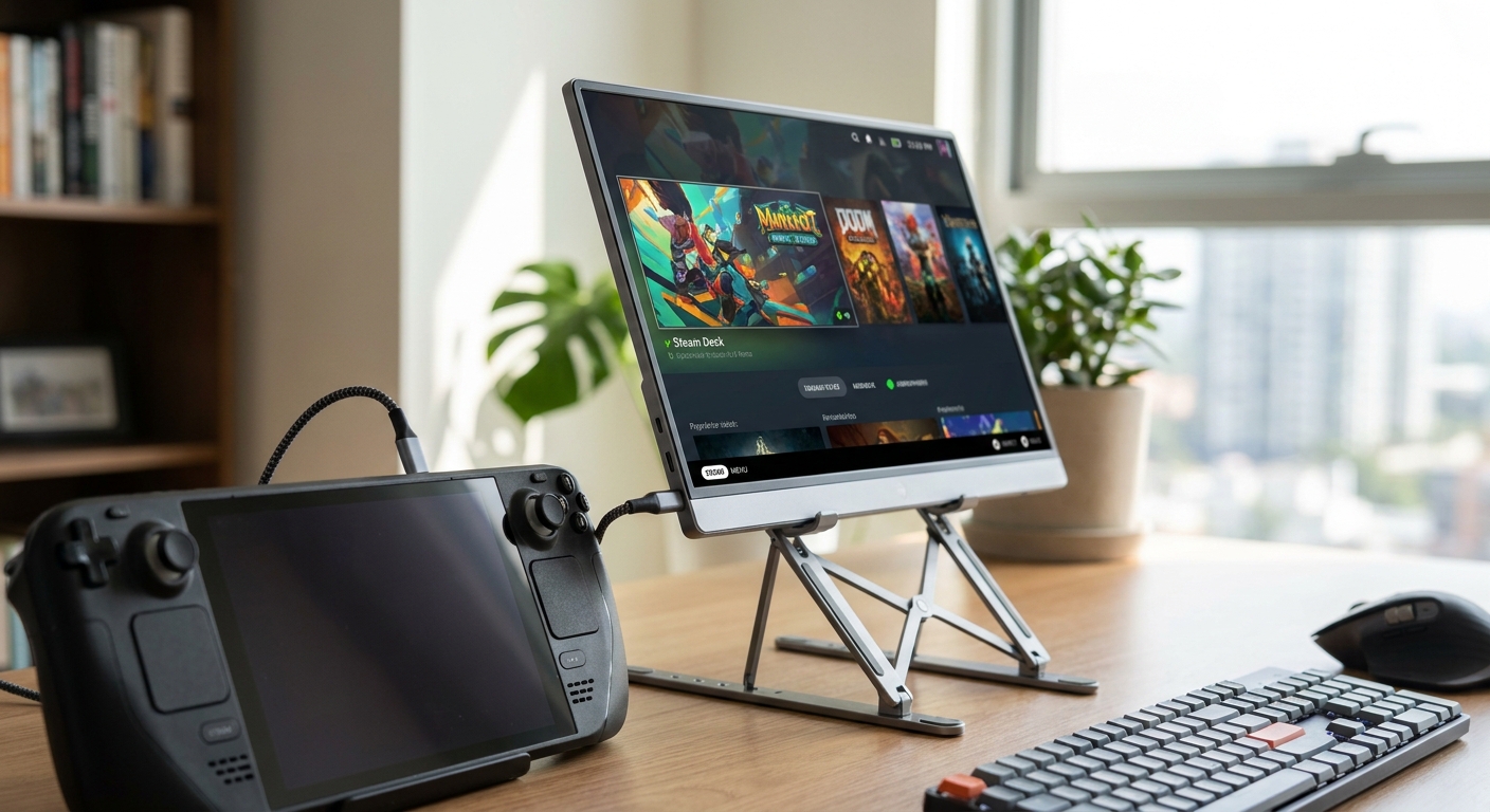 A portable monitor for handheld gaming connected to a Steam Deck via USB-C on a desk setup