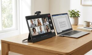 Portable monitor for video calls set up next to a laptop with a webcam mounted on top in a home office