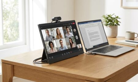 Portable monitor for video calls set up next to a laptop with a webcam mounted on top in a home office