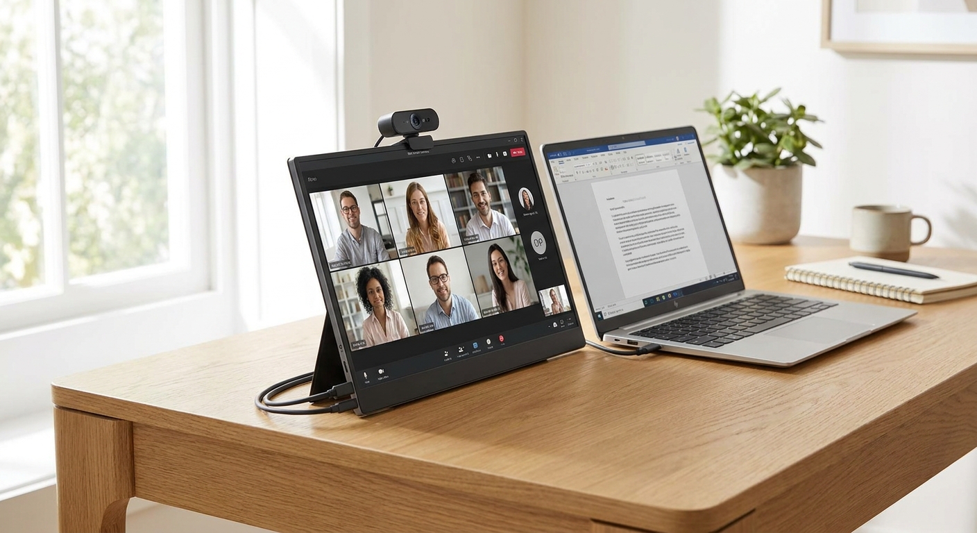 Portable monitor for video calls set up next to a laptop with a webcam mounted on top in a home office