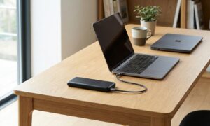 Portable power banks for laptops charging a MacBook Pro via USB-C cable on a desk