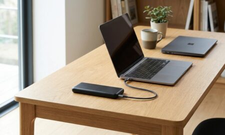 Portable power banks for laptops charging a MacBook Pro via USB-C cable on a desk