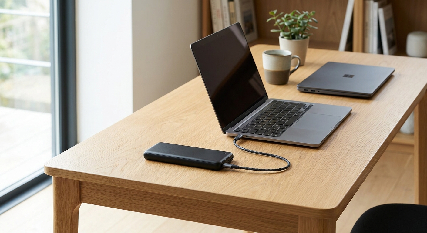 Portable power banks for laptops charging a MacBook Pro via USB-C cable on a desk