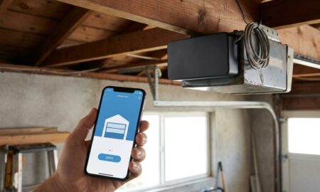 Smart garage controller mounted on a garage door opener, one of the best smart garage controllers for retrofitting older garages