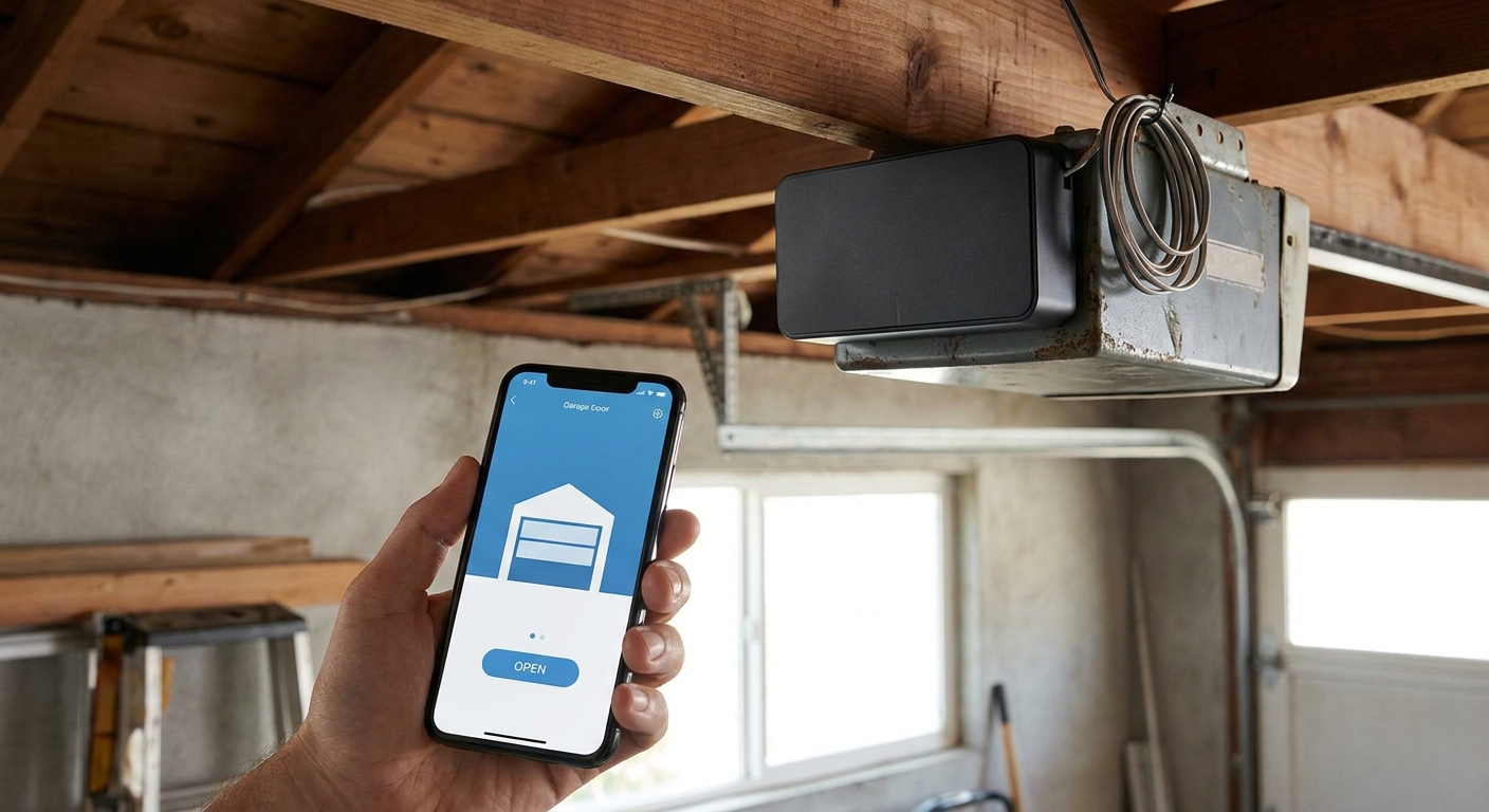 Smart garage controller mounted on a garage door opener, one of the best smart garage controllers for retrofitting older garages