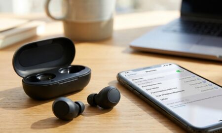 Wireless earbuds and charging case on a desk, illustrating why bluetooth earbuds keep disconnecting