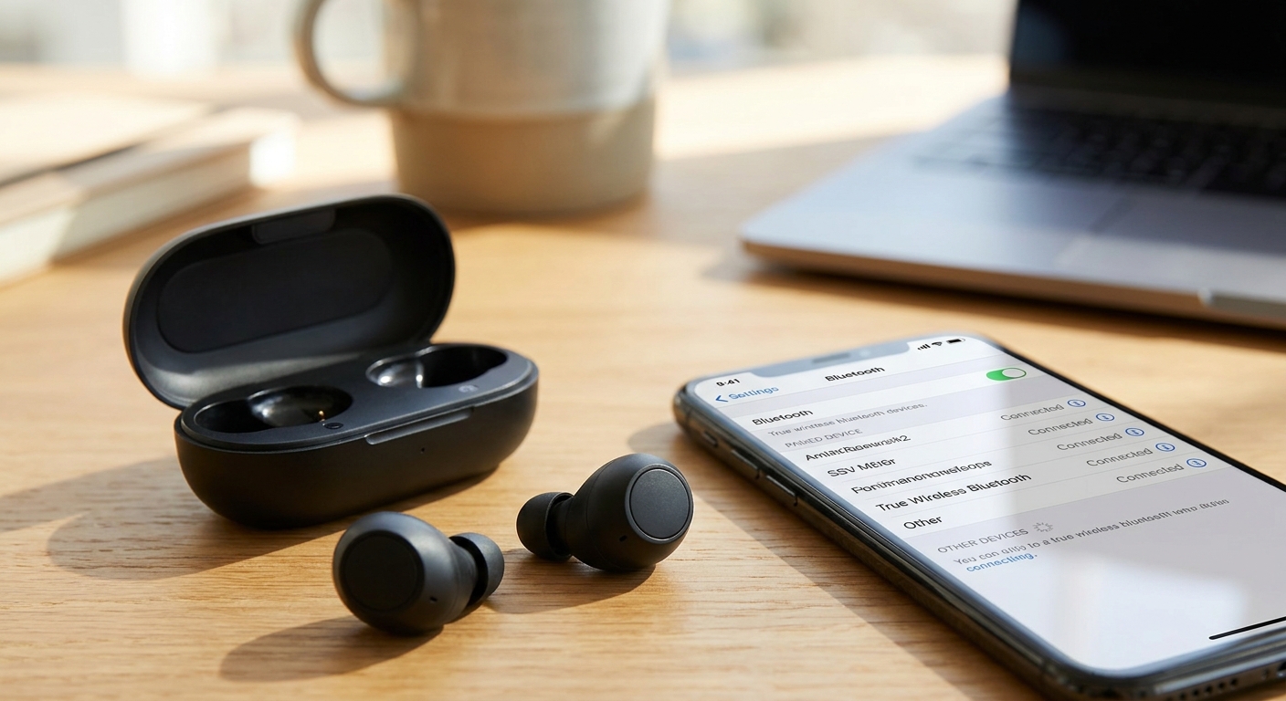 Wireless earbuds and charging case on a desk, illustrating why bluetooth earbuds keep disconnecting
