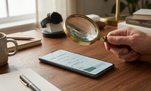 Magnifying glass over smartphone settings screen used to detect spy apps on phone