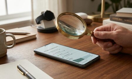 Magnifying glass over smartphone settings screen used to detect spy apps on phone