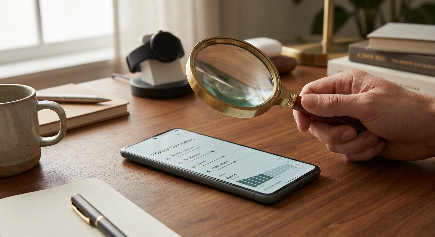 Magnifying glass over smartphone settings screen used to detect spy apps on phone