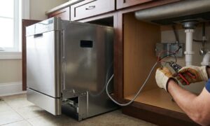 Electrician checking dishwasher amp requirements while wiring a junction box under a kitchen sink