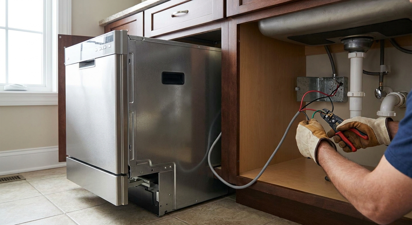 Electrician checking dishwasher amp requirements while wiring a junction box under a kitchen sink