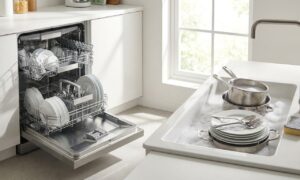 Comparison of a modern dishwasher and a sink of dishes illustrating dishwasher vs hand washing water usage