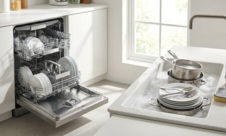 Comparison of a modern dishwasher and a sink of dishes illustrating dishwasher vs hand washing water usage