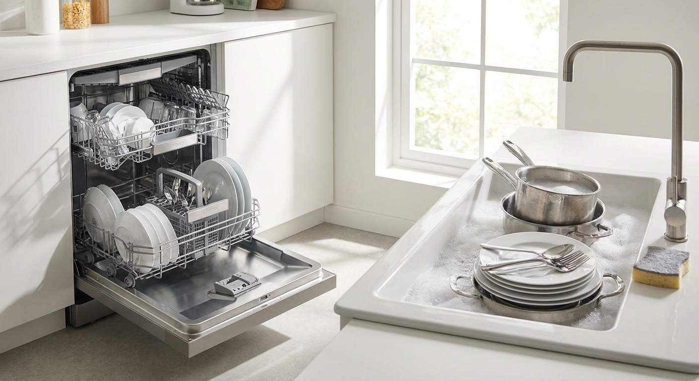 Comparison of a modern dishwasher and a sink of dishes illustrating dishwasher vs hand washing water usage