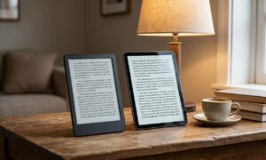 E-reader vs tablet comparison showing an E Ink e-reader and a tablet side by side for reading