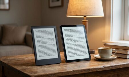 E-reader vs tablet comparison showing an E Ink e-reader and a tablet side by side for reading