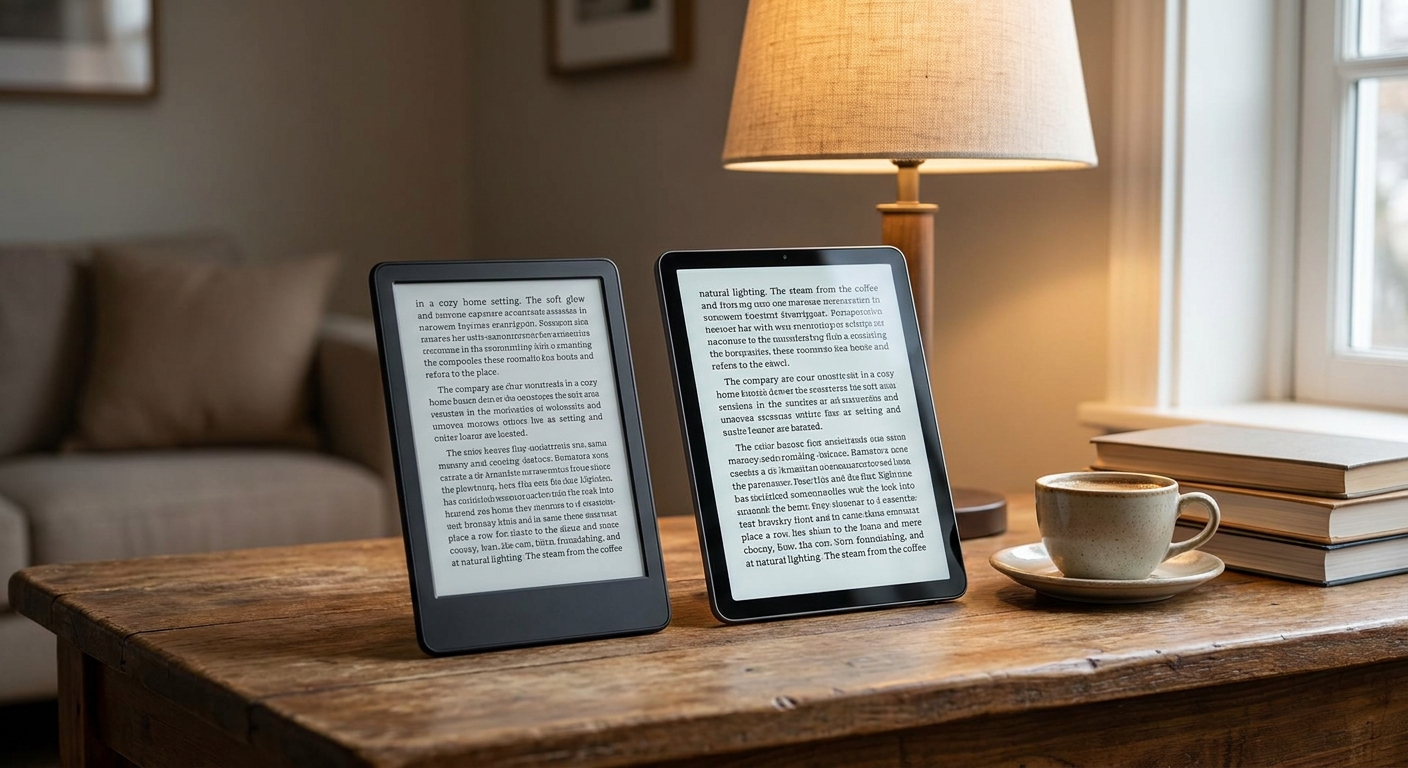 E-reader vs tablet comparison showing an E Ink e-reader and a tablet side by side for reading