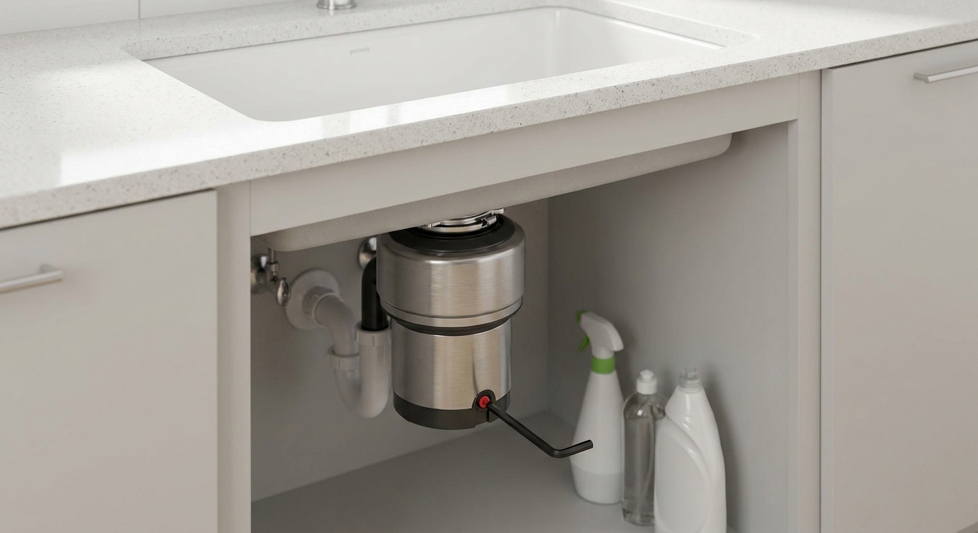 Garbage disposal humming not working being reset with an Allen wrench under a kitchen sink