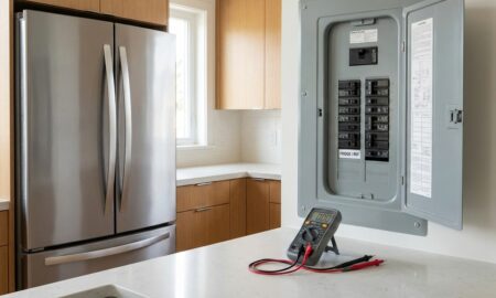 Stainless-steel refrigerator and circuit breaker panel illustrating how many amps does a refrigerator use