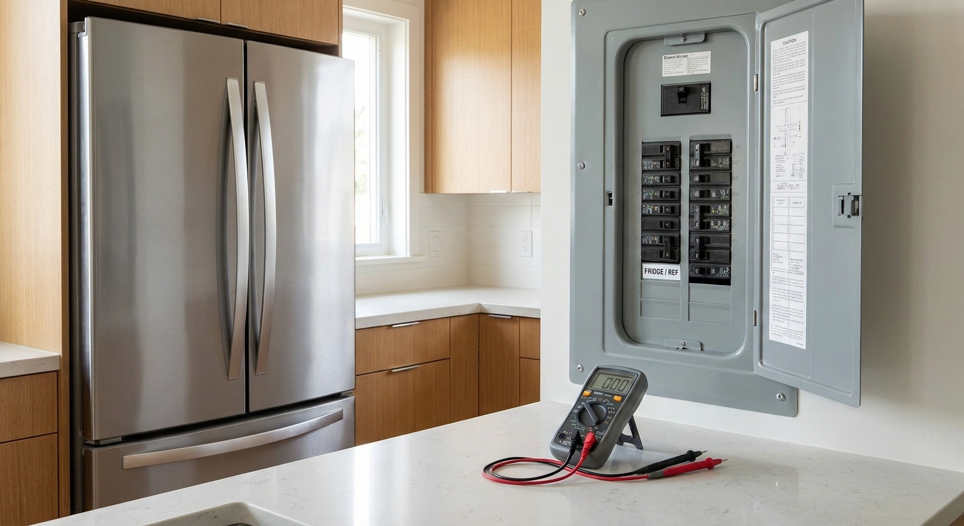 Stainless-steel refrigerator and circuit breaker panel illustrating how many amps does a refrigerator use