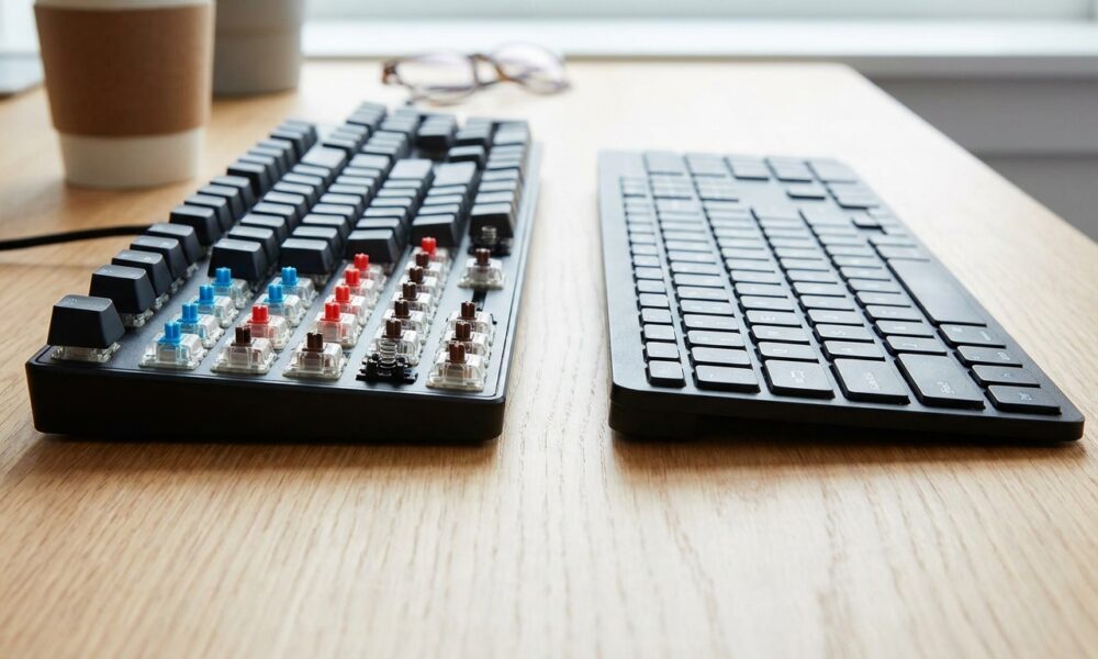 Mechanical vs membrane keyboard side by side comparison on a desk