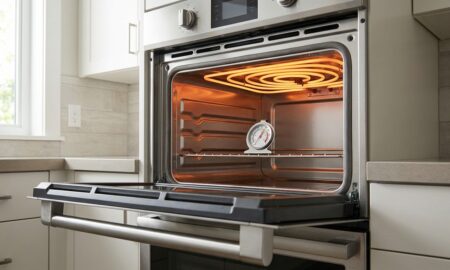 Oven takes long to preheat due to worn heating element visible inside open oven