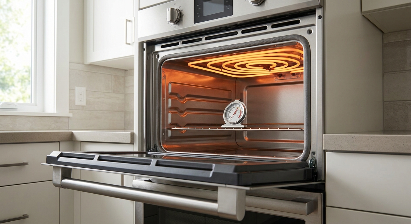 Oven takes long to preheat due to worn heating element visible inside open oven