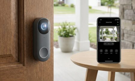 Smart video doorbell on a front door illustrating smart doorbell data privacy and footage storage settings