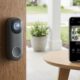 Smart video doorbell on a front door illustrating smart doorbell data privacy and footage storage settings