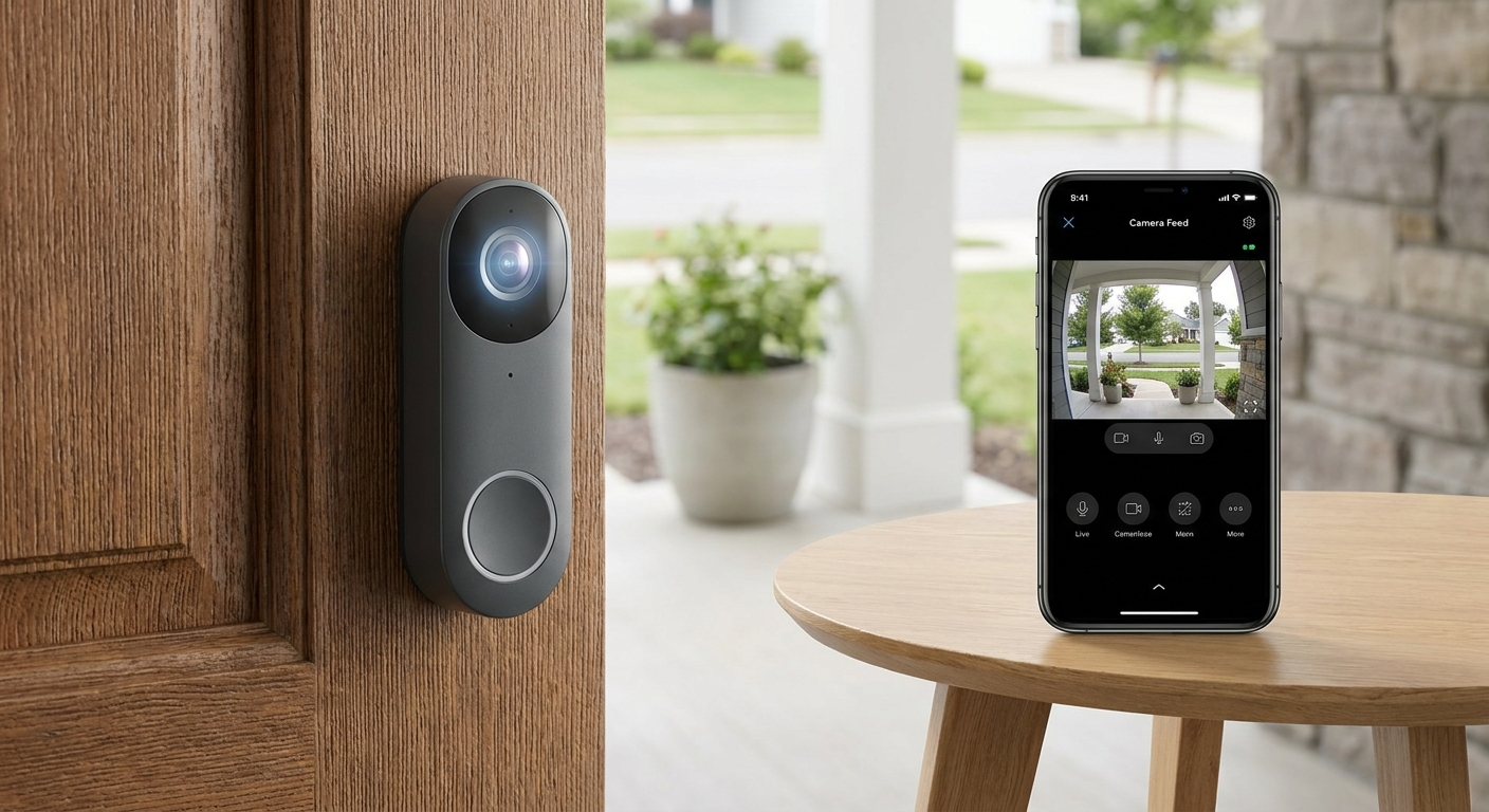 Smart video doorbell on a front door illustrating smart doorbell data privacy and footage storage settings
