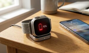Smartwatch showing a low battery icon, illustrating a smartwatch battery dying fast