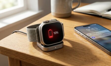 Smartwatch showing a low battery icon, illustrating a smartwatch battery dying fast