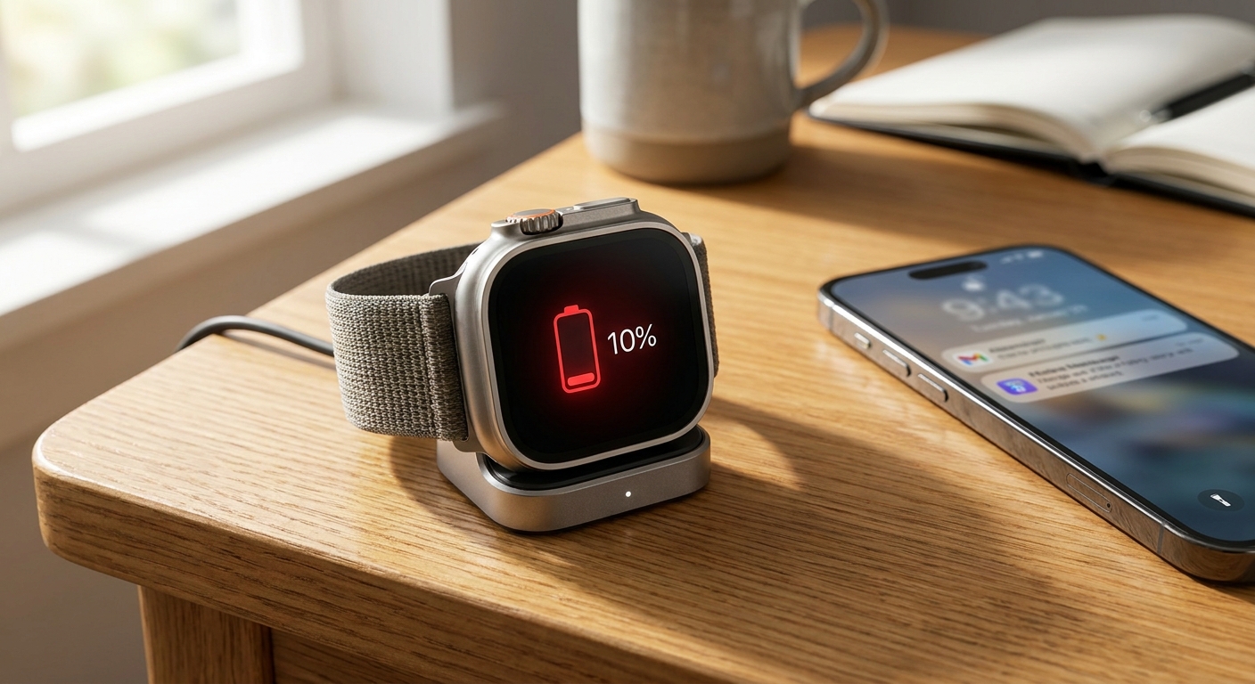 Smartwatch showing a low battery icon, illustrating a smartwatch battery dying fast