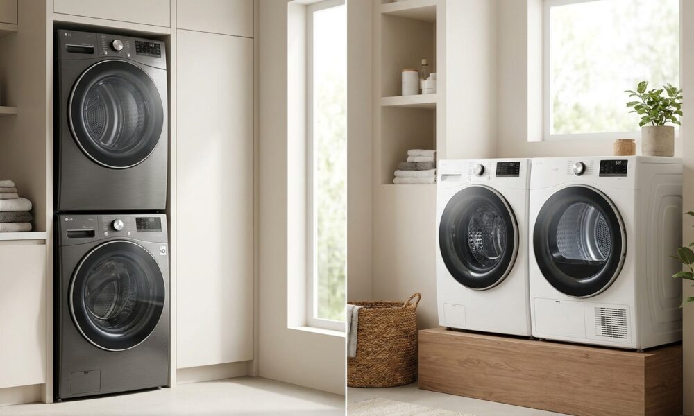 Side-by-side comparison of a stackable vs side-by-side washer dryer setup in a home laundry room