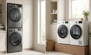 Side-by-side comparison of a stackable vs side-by-side washer dryer setup in a home laundry room