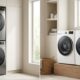Side-by-side comparison of a stackable vs side-by-side washer dryer setup in a home laundry room