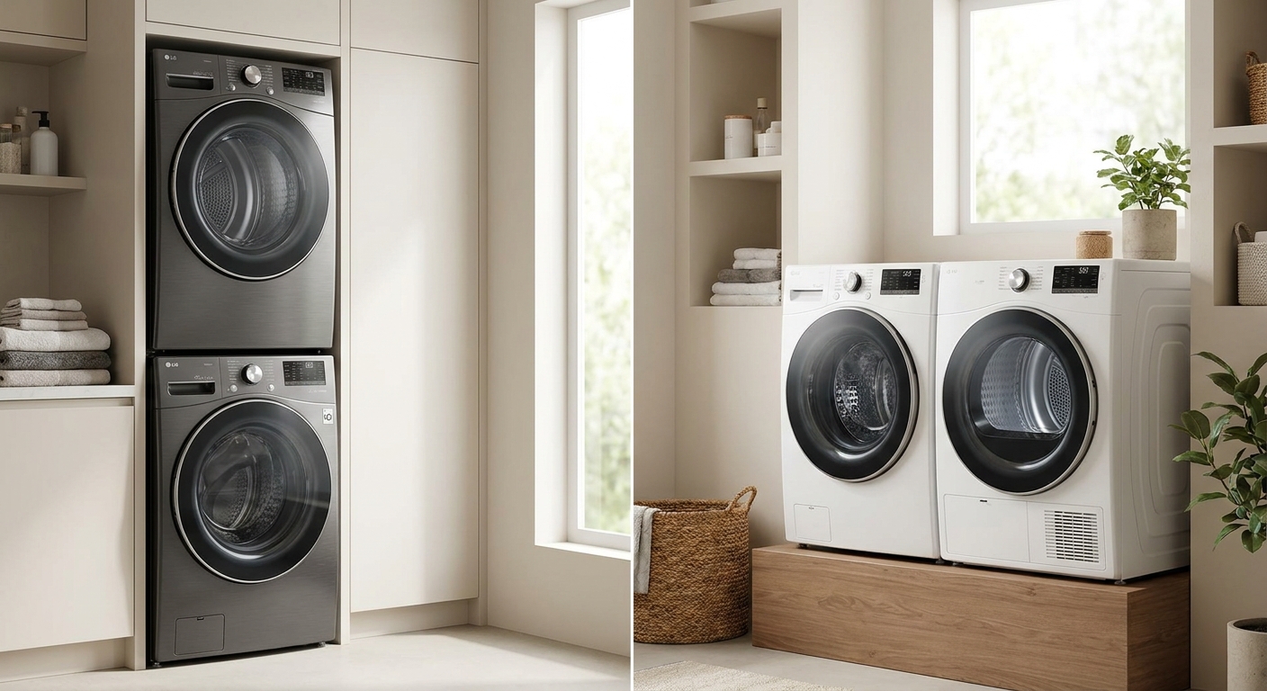 Side-by-side comparison of a stackable vs side-by-side washer dryer setup in a home laundry room
