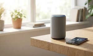 Smart speaker and smartphone illustrating voice assistant eavesdropping risks in a home setting