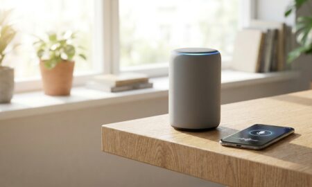 Smart speaker and smartphone illustrating voice assistant eavesdropping risks in a home setting
